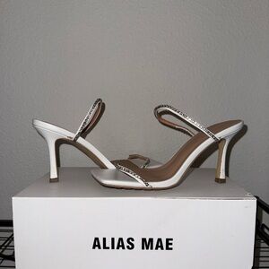 Alias Mae White Satin Heeled Sandals with Rhinestone Straps
